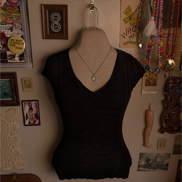 Y2K Fitted Short Sleeve Sweater Women's XS/Small Black Solid Ribbed Ruched - Picture 1 of 6